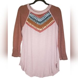 We The Free People Colorful Knit Crochet Raglan Tee Pink Brown Boho Top Size L